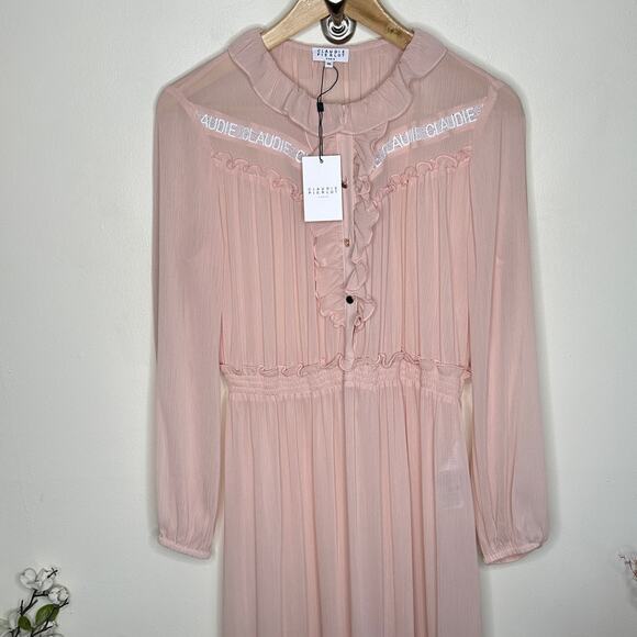 CLAUDIE PIERLOT Frilled Long Maxi Dress Sheer Blush Pink Sz 40/M NWT {R32} - Picture 2 of 7